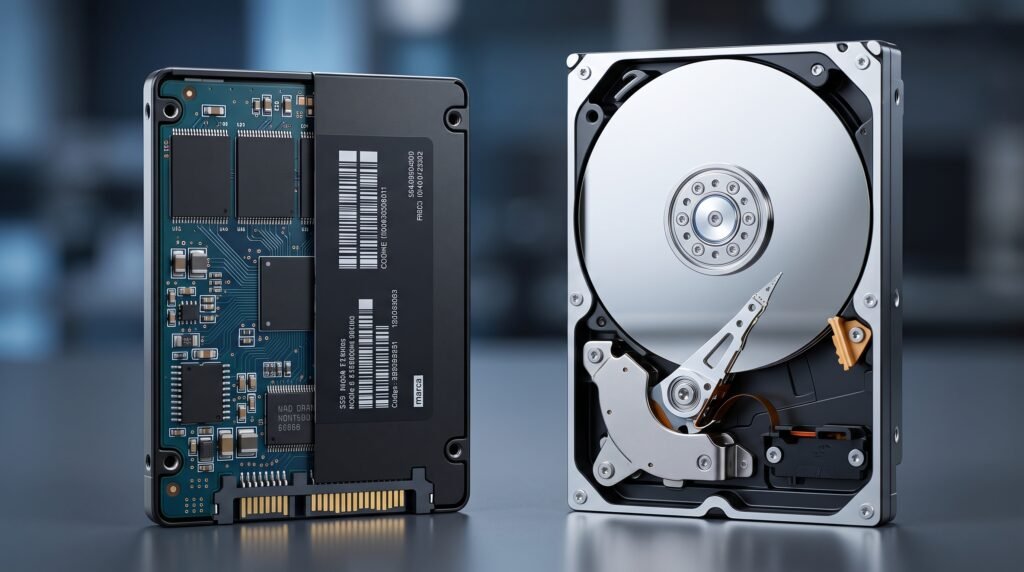 Comparação interna entre um SSD com chips de memória e um HD mecânico aberto. Entenda por que o HD é mais seguro para o armazenamento e recuperação de dados.
